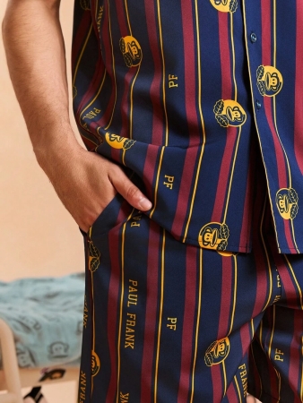 Paul Frank X SHEIN Men's Color Block Striped & Cartoon Pattern Button Front Short Sleeve Top And Shorts Loungewear Set - Image 5