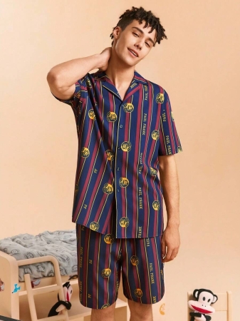 Paul Frank X SHEIN Men's Color Block Striped & Cartoon Pattern Button Front Short Sleeve Top And Shorts Loungewear Set - Image 6