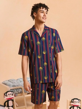 Paul Frank X SHEIN Men's Color Block Striped & Cartoon Pattern Button Front Short Sleeve Top And Shorts Loungewear Set - Image 7