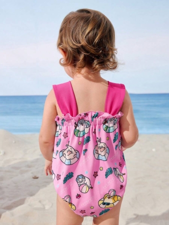 SEALOOK X SHEIN Baby Girl Cute Cartoon Seal Print Summer Pink Romper - Image 3