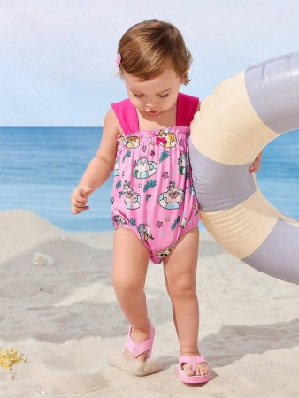 SEALOOK X SHEIN Baby Girl Cute Cartoon Seal Print Summer Pink Romper - Image 5