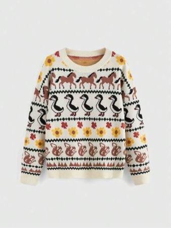 ROMWE Fairycore Countryside Cute Allover Print Crew Neck Long Sleeve Sweater