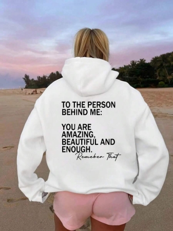 Women's Empowering Back Print Hoodie With "You Are Beautiful Enough And Amazing" Self-Love Message - Black And White Positive Affirmation Sweatshirt, Pocket Casual Winter Warm Pullover, Enhance Confidence Outfit, Clothes, Women's Clothing, Women's Winter Clothing, Women's Fun Hoodie, Women's Sweatshirt, Women's Plus Size Hoodie, Women's Autumn Clothing, Sweater, Women's Autumn Clothing, Women's Sweatshirt And Hoodie, Plus Size Women's Clothing, Fashion Clothing, Autumn Women's Clothing, Cute Clothes, Tops, Father's Day Gift, Mental Health Hoodie, Women's Sweater, Hoodie With Slogan, Women's Sweatshirt - White And Navy Off-The-Shoulder Cropped Top - Image 2