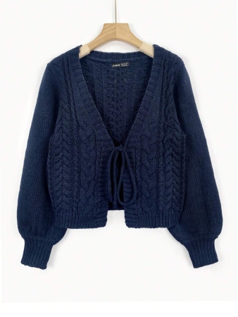 Women's Loose Casual Tie Lantern Sleeve Knitted Cardigan - Image 2