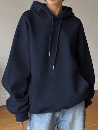 -Less Women's Plain Drop Shoulder Long Sleeve Drawstring Hooded Fleece Sweatshirt For Autumn/Winter, Long Sleeve Tops, Fall Women Clothes - White And Navy Off-The-Shoulder Cropped Top - Unisex - Image 2