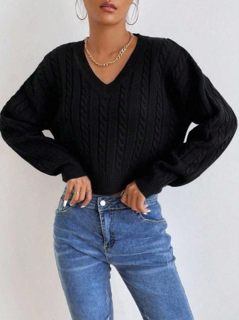 Chiquease V-Neck Cable Knit Sweater,Long Sleeve Tops Knit Pullover Fall Winter Outfit - Image 4