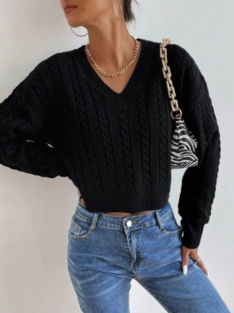 Chiquease V-Neck Cable Knit Sweater,Long Sleeve Tops Knit Pullover Fall Winter Outfit - Image 5