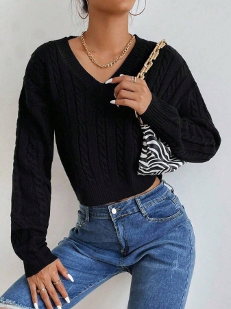 Chiquease V-Neck Cable Knit Sweater,Long Sleeve Tops Knit Pullover Fall Winter Outfit - Image 6