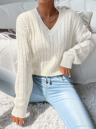 Chiquease V-Neck Cable Knit Sweater,Long Sleeve Tops Knit Pullover Fall Winter Outfit - Image 7