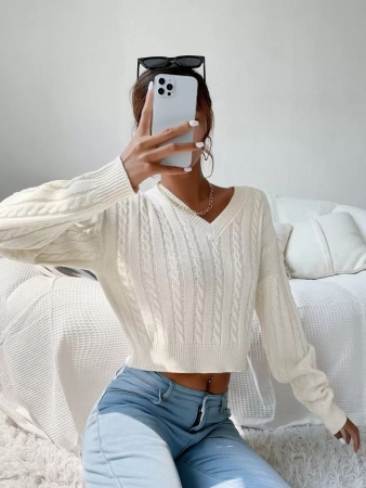 Chiquease V-Neck Cable Knit Sweater,Long Sleeve Tops Knit Pullover Fall Winter Outfit - Image 10