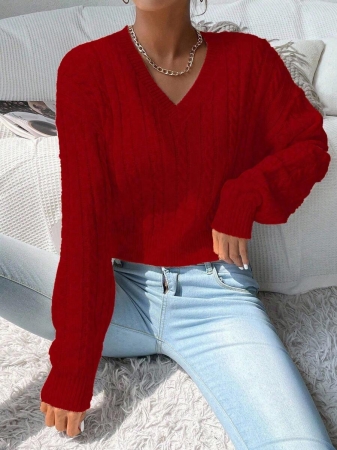 Chiquease V-Neck Cable Knit Sweater,Long Sleeve Tops Knit Pullover Fall Winter Outfit - Image 13
