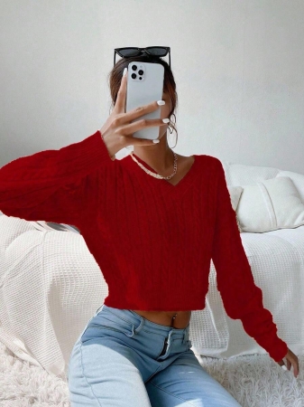 Chiquease V-Neck Cable Knit Sweater,Long Sleeve Tops Knit Pullover Fall Winter Outfit - Image 17