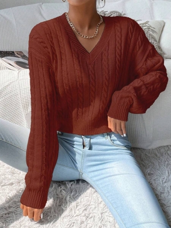 Chiquease V-Neck Cable Knit Sweater,Long Sleeve Tops Knit Pullover Fall Winter Outfit - Image 25