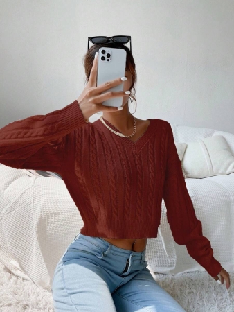 Chiquease V-Neck Cable Knit Sweater,Long Sleeve Tops Knit Pullover Fall Winter Outfit - Image 30