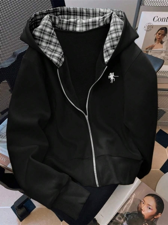 EMERY ROSE Fashionable Casual Style Long Sleeve Plaid Collar Zipper Letter Print Hoodie For Women Fall Cloth For Women, Christmas - Image 2