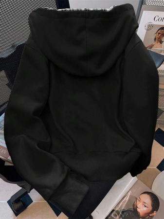 EMERY ROSE Fashionable Casual Style Long Sleeve Plaid Collar Zipper Letter Print Hoodie For Women Fall Cloth For Women, Christmas - Image 3