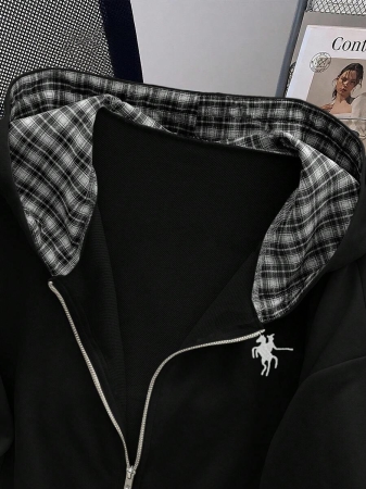 EMERY ROSE Fashionable Casual Style Long Sleeve Plaid Collar Zipper Letter Print Hoodie For Women Fall Cloth For Women, Christmas - Image 6