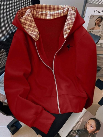 EMERY ROSE Fashionable Casual Style Long Sleeve Plaid Collar Zipper Letter Print Hoodie For Women Fall Cloth For Women, Christmas - Image 10