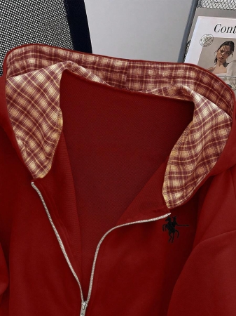 EMERY ROSE Fashionable Casual Style Long Sleeve Plaid Collar Zipper Letter Print Hoodie For Women Fall Cloth For Women, Christmas - Image 12