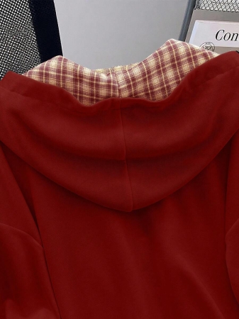 EMERY ROSE Fashionable Casual Style Long Sleeve Plaid Collar Zipper Letter Print Hoodie For Women Fall Cloth For Women, Christmas - Image 15