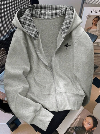 EMERY ROSE Fashionable Casual Style Long Sleeve Plaid Collar Zipper Letter Print Hoodie For Women Fall Cloth For Women, Christmas - Image 25