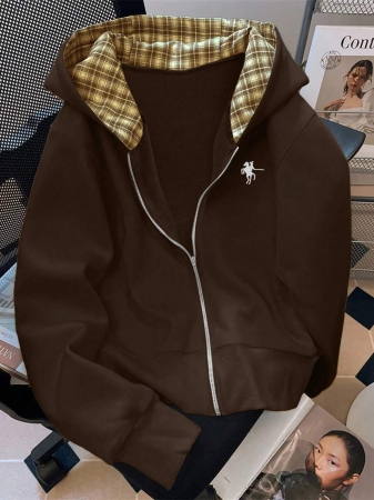 EMERY ROSE Fashionable Casual Style Long Sleeve Plaid Collar Zipper Letter Print Hoodie For Women Fall Cloth For Women, Christmas - Image 33