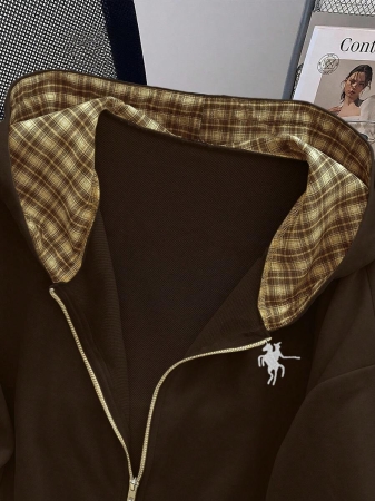 EMERY ROSE Fashionable Casual Style Long Sleeve Plaid Collar Zipper Letter Print Hoodie For Women Fall Cloth For Women, Christmas - Image 38