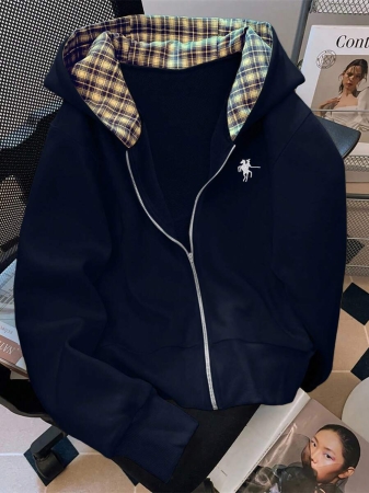 EMERY ROSE Fashionable Casual Style Long Sleeve Plaid Collar Zipper Letter Print Hoodie For Women Fall Cloth For Women, Christmas - Image 40