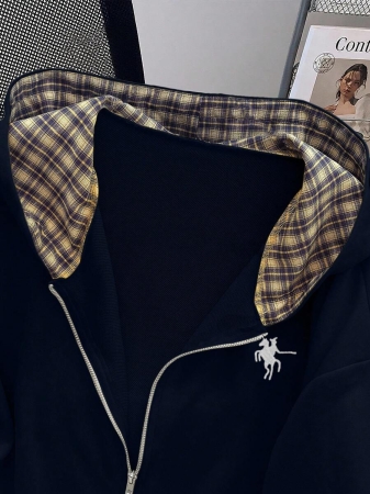 EMERY ROSE Fashionable Casual Style Long Sleeve Plaid Collar Zipper Letter Print Hoodie For Women Fall Cloth For Women, Christmas - Image 42