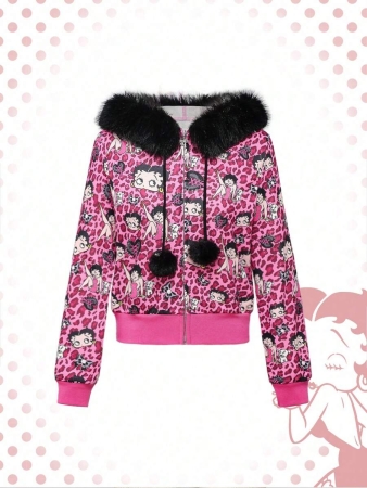 Betty Boop | ROMWE Vintage Y2K Rhinestone Leopard Print Cartoon Figure Graphic Zip-Up Women Hoodie - Image 2