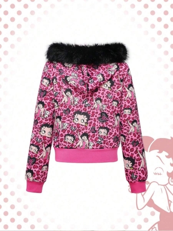 Betty Boop | ROMWE Vintage Y2K Rhinestone Leopard Print Cartoon Figure Graphic Zip-Up Women Hoodie - Image 3