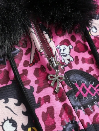 Betty Boop | ROMWE Vintage Y2K Rhinestone Leopard Print Cartoon Figure Graphic Zip-Up Women Hoodie - Image 4
