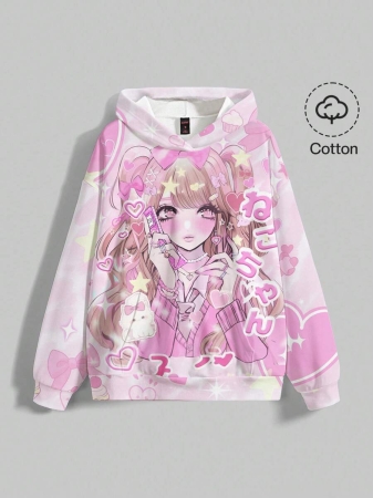ROMWE Anime Anime Cartoon Cute Heart Graphic Loose Fit Pullover Hoodie For Women, Pink - Image 2