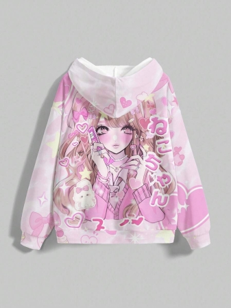 ROMWE Anime Anime Cartoon Cute Heart Graphic Loose Fit Pullover Hoodie For Women, Pink - Image 3
