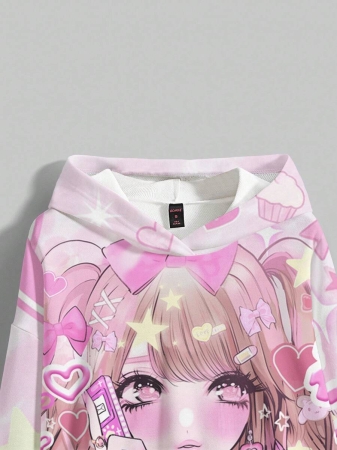 ROMWE Anime Anime Cartoon Cute Heart Graphic Loose Fit Pullover Hoodie For Women, Pink - Image 4