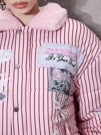 ROMWE Avant Women's Retro Cute Kawaii Aesthetic Ribbon Bow Heart Wing Print Plush Patchwork Padded Coat, Versatile - Image 4