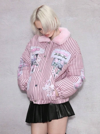 ROMWE Avant Women's Retro Cute Kawaii Aesthetic Ribbon Bow Heart Wing Print Plush Patchwork Padded Coat, Versatile - Image 5