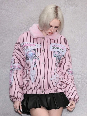 ROMWE Avant Women's Retro Cute Kawaii Aesthetic Ribbon Bow Heart Wing Print Plush Patchwork Padded Coat, Versatile - Image 6