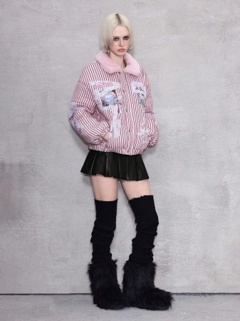 ROMWE Avant Women's Retro Cute Kawaii Aesthetic Ribbon Bow Heart Wing Print Plush Patchwork Padded Coat, Versatile - Image 7