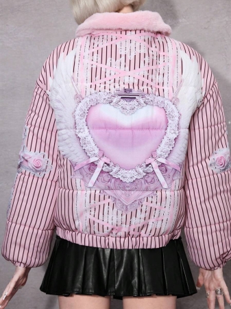 ROMWE Avant Women's Retro Cute Kawaii Aesthetic Ribbon Bow Heart Wing Print Plush Patchwork Padded Coat, Versatile - Image 8