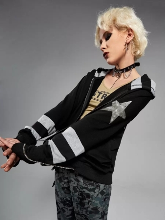 ROMWE Grunge Punk Striped Letter Wings Graphic Zip Up Hoodie - Image 3