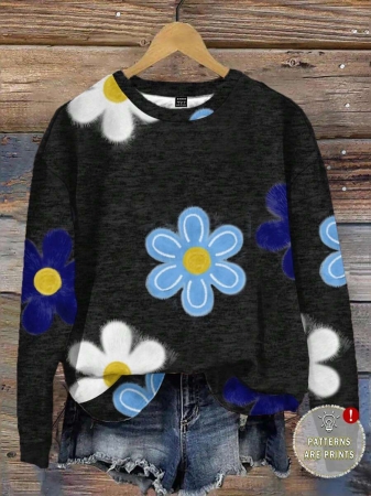 SHEIN LUNE Casual Cute Floral Pattern Round Neck Loose Fit Women Sweatshirt, Suitable For Autumn/Winter - Image 2