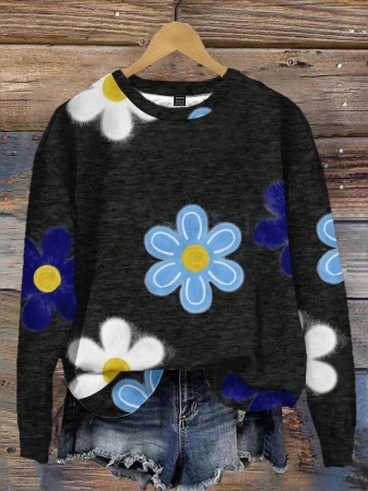 SHEIN LUNE Casual Cute Floral Pattern Round Neck Loose Fit Women Sweatshirt, Suitable For Autumn/Winter - Image 5