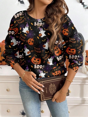 SHEIN LUNE Casual Cute Floral Pattern Round Neck Loose Fit Women Sweatshirt, Suitable For Autumn/Winter - Image 29