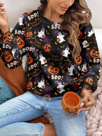 SHEIN LUNE Casual Cute Floral Pattern Round Neck Loose Fit Women Sweatshirt, Suitable For Autumn/Winter - Image 33