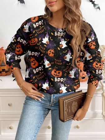 SHEIN LUNE Casual Cute Floral Pattern Round Neck Loose Fit Women Sweatshirt, Suitable For Autumn/Winter - Image 34