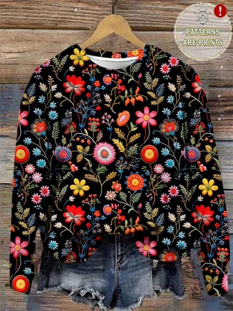 SHEIN LUNE Casual Cute Floral Pattern Round Neck Loose Fit Women Sweatshirt, Suitable For Autumn/Winter - Image 80