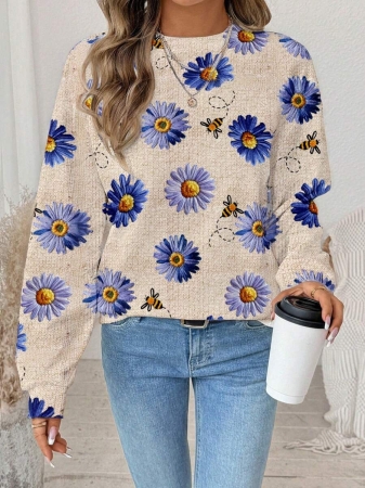 SHEIN LUNE Casual Cute Floral Pattern Round Neck Loose Fit Women Sweatshirt, Suitable For Autumn/Winter - Image 88