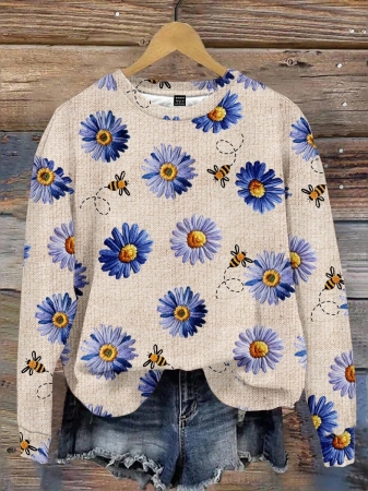 SHEIN LUNE Casual Cute Floral Pattern Round Neck Loose Fit Women Sweatshirt, Suitable For Autumn/Winter - Image 92