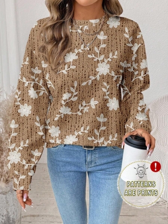 SHEIN LUNE Casual Cute Floral Pattern Round Neck Loose Fit Women Sweatshirt, Suitable For Autumn/Winter - Image 116